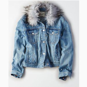 American Eagle AE Women's Classic Fur Collar Studded Denim Jean Jacket